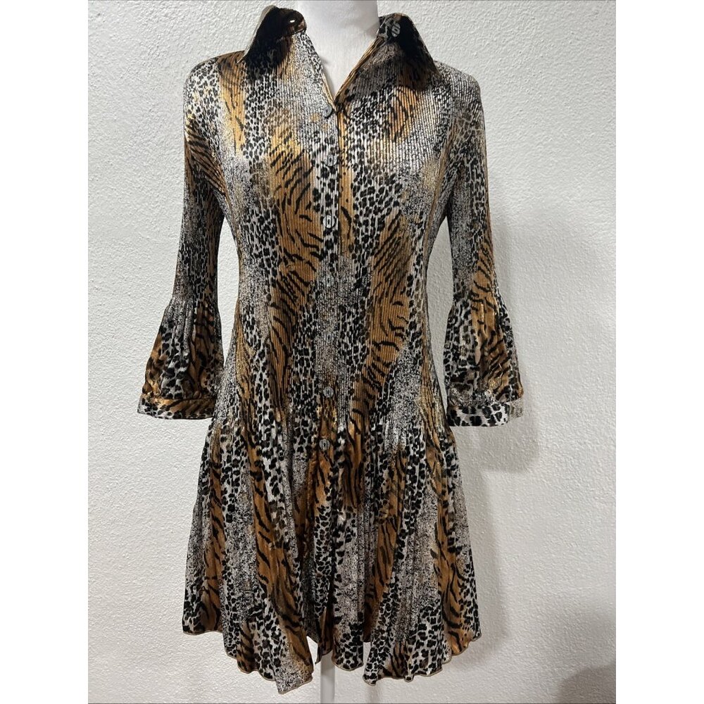 Lindi Dress Animal Print Pleated 3/4 Bell Sleeves Metallic Mini Boho Women's M‎